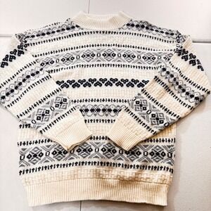 VTG 80 Fair Isle Knit Sweater Women L Cream Navy Gray Geometric Pattern USA chic